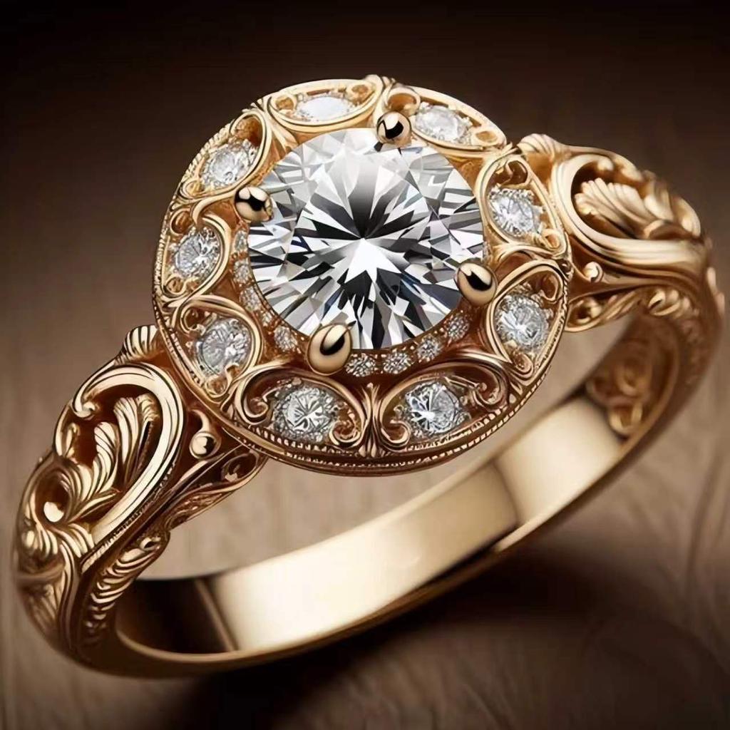 Luxury Female Pink Zircon Big Stone Engagement Round Skeleton Ring Vintage Gold Color Wedding Fashion Jewelry for Women