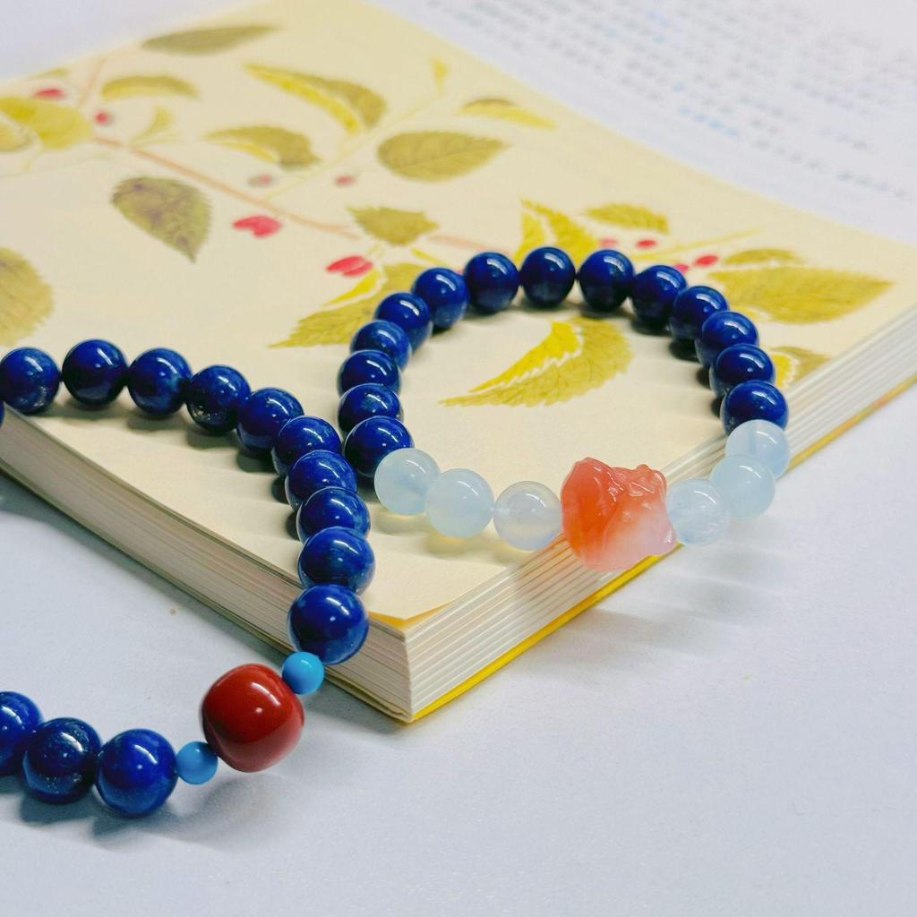 Natural Lapis Lazuli & Nanhong Single-Circle Emperor Sand Bead Bracelet with Aquamarine - Women's High-End Retro Style