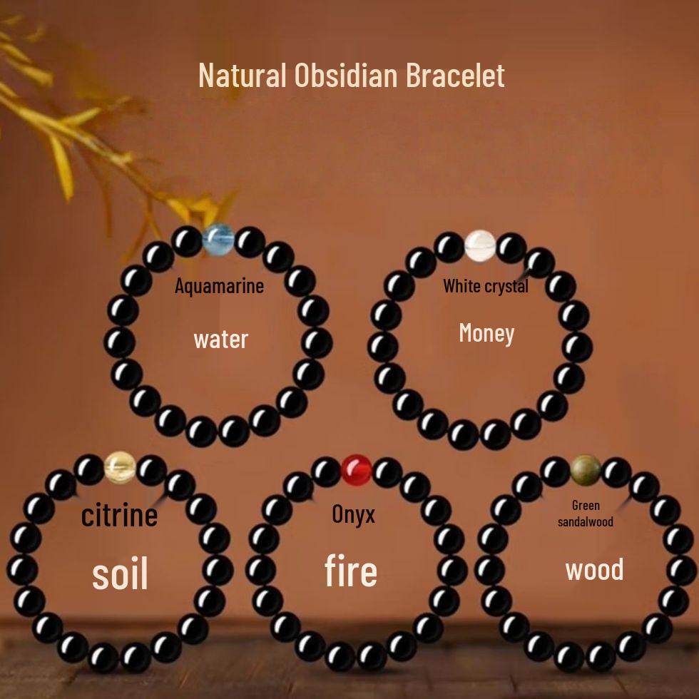 Aquamarine & Obsidian Five Elements Fortune Bracelet - A Birth Year/New Year Gift for Girlfriend Bead Diameter 6mm
