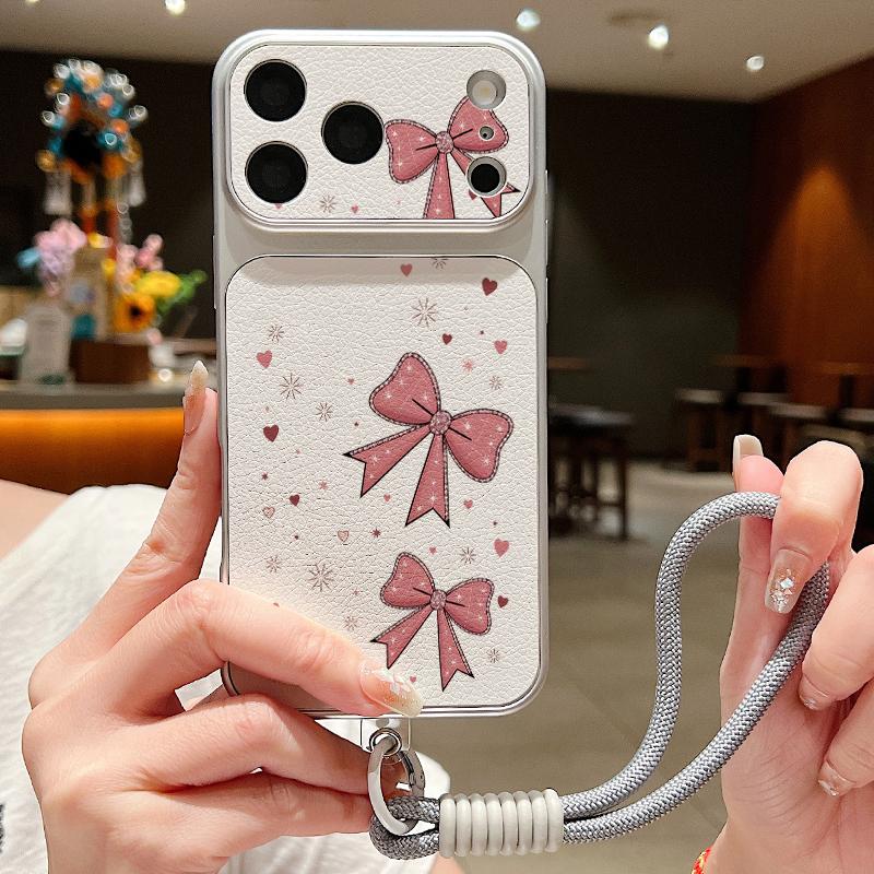 Pink Bowknots Print Leather Lanyard Case For iPhone 18 Pro Max Hybrid TPU+PU Anti-skid Soft Cover For iPhone 17 16 15 14 13 Pro Max