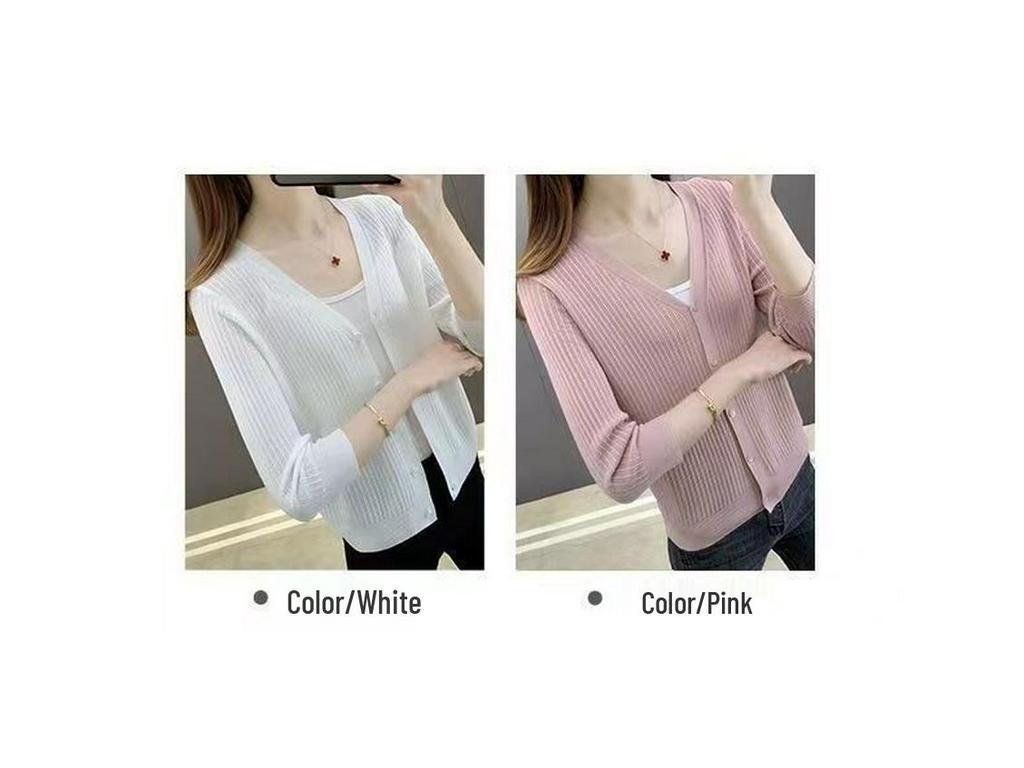 Women's Ice Silk Cardigan - Lightweight, Versatile, Sun Protection, Short Knitted Coat for Spring & Autumn, Hollowed-Out Design.