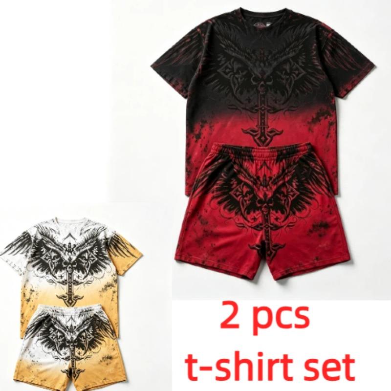 Summer Fashion Y2K Vintage Cross Skull Wings Graphic Printed Round Neck Short Sleeved T-Shirt And Shorts Set Men's and Women's T-shirt Shorts Set