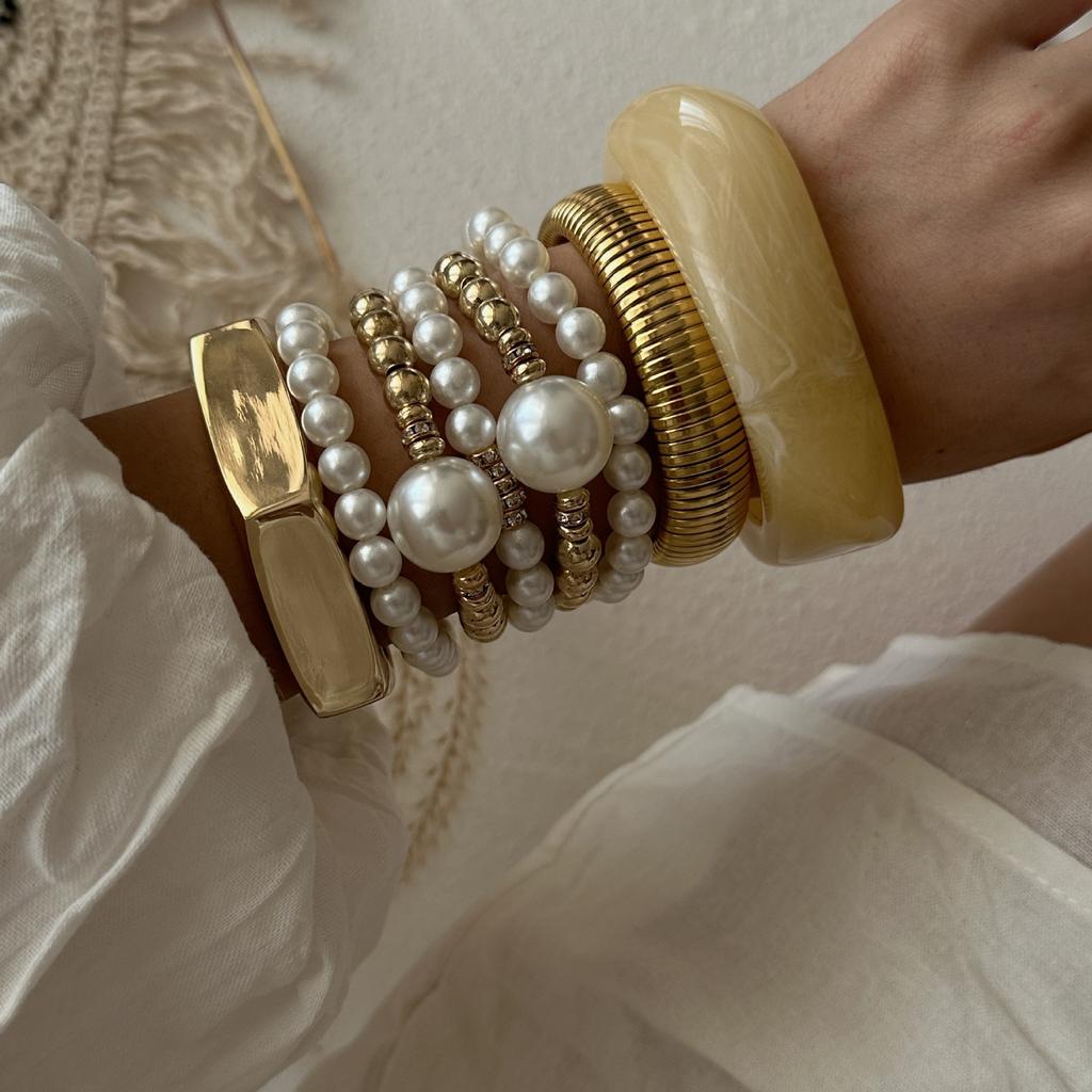 Vintage Wide Cuff Bangles Hip Hop Punk Pearl Beads Geometric Metal Spring Bangles For Women Bracelets Men Jewelry