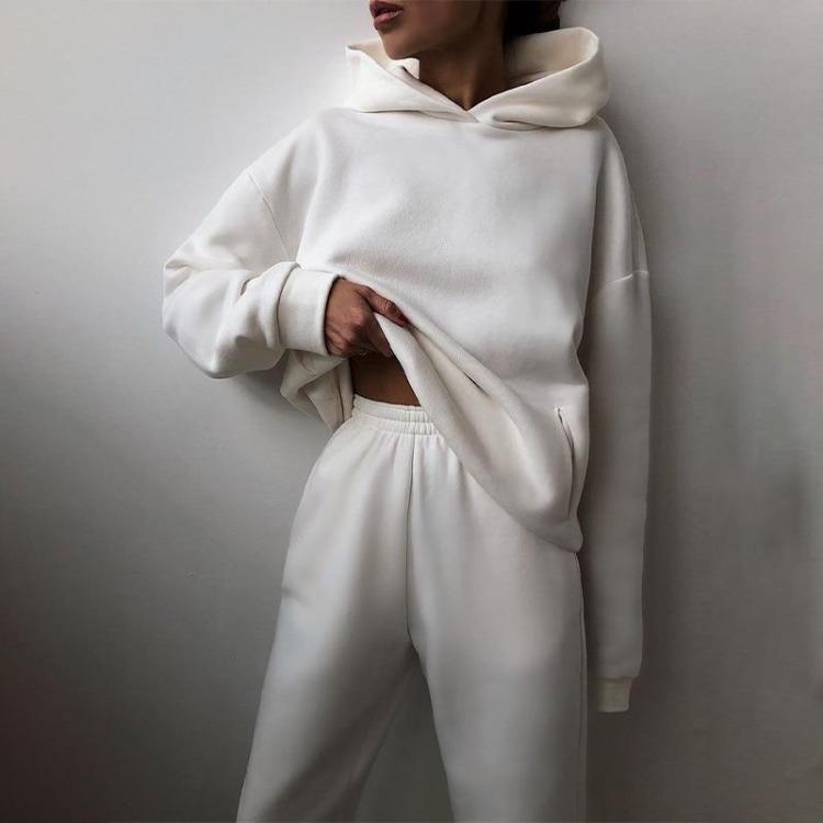 Elegant Women Two Piece Sets Warm Hoodie Sweatshirt And Long Pant Fashion Solid Suits For Ladies