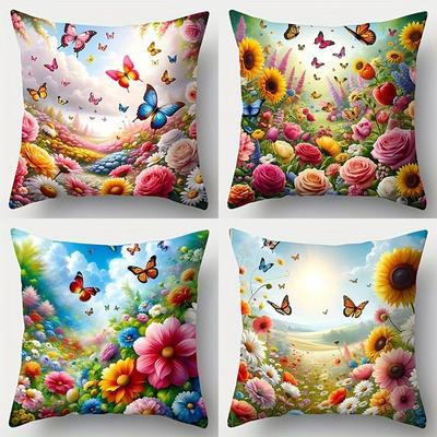 Butterflies and Flowers On PillowcaseSuitable for Sofa Car Bedroom Decorative Cushion Cover Pillow Cover