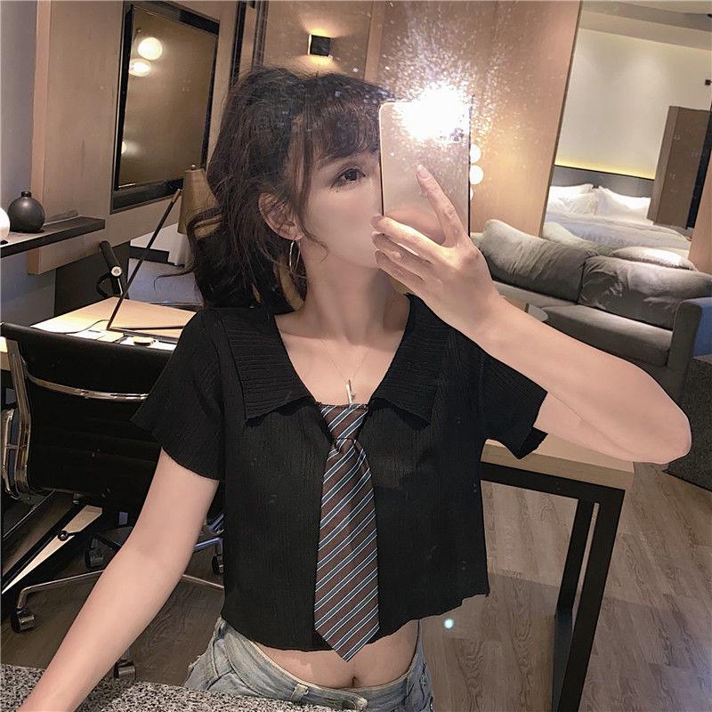 2024 Summer Korean Style Slimming Polo Collar Knitted Short Sleeve Top for Women