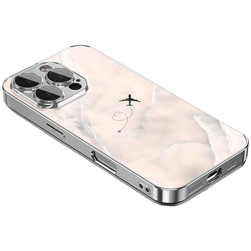 Travel Plane Love Heart Pattrn Tempered Glass Electroplated Silver Phone Case For Samsung Galaxy S25 S24 S23 Ultra Plus FE Cover