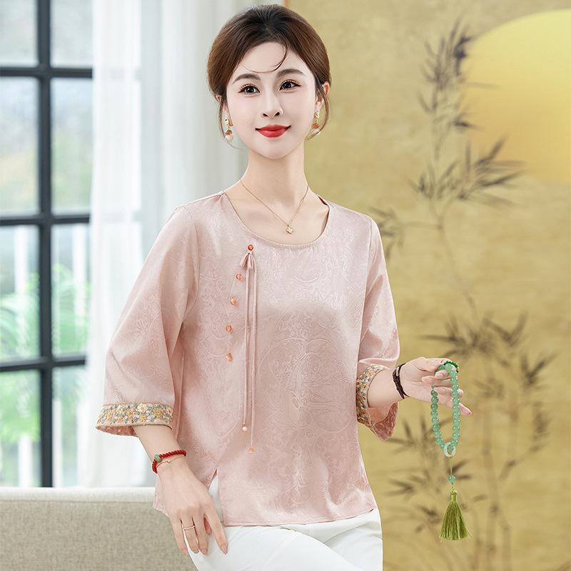 

Stylish Loose Plus Size Chinese-Style Mid-Sleeve Summer Top for Women 4XL (135-150 jin) рожевий