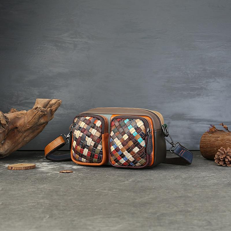 Genuine Leather Woven Color-blocked Camera Bag Large Capacity Multi-slot Single-shoulder Crossbody Bag