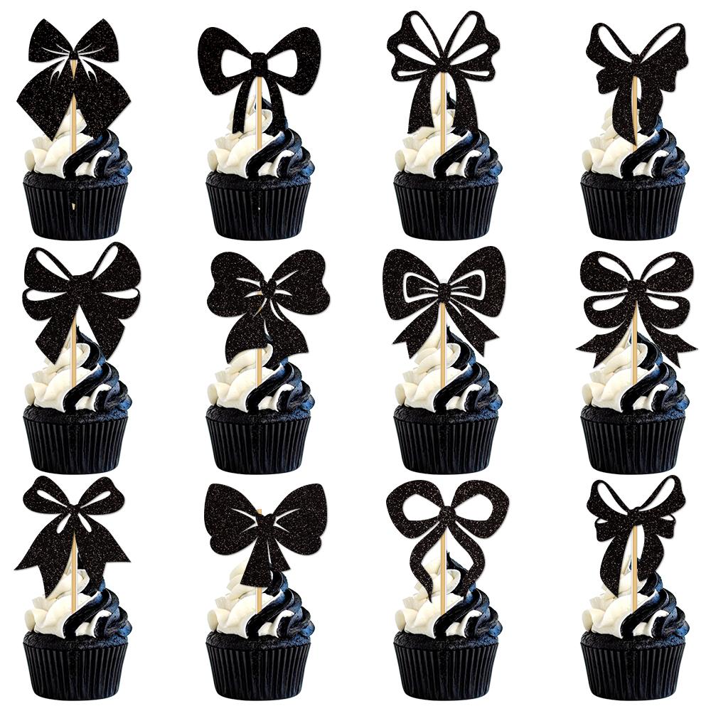 

12/24pcs Glitter Bow Cupcake Toppers Bowknot cake Picks Bow Theme Party Suppiles Baby Girl boy Birthday Wedding Party Decoration 12pcs чёрный