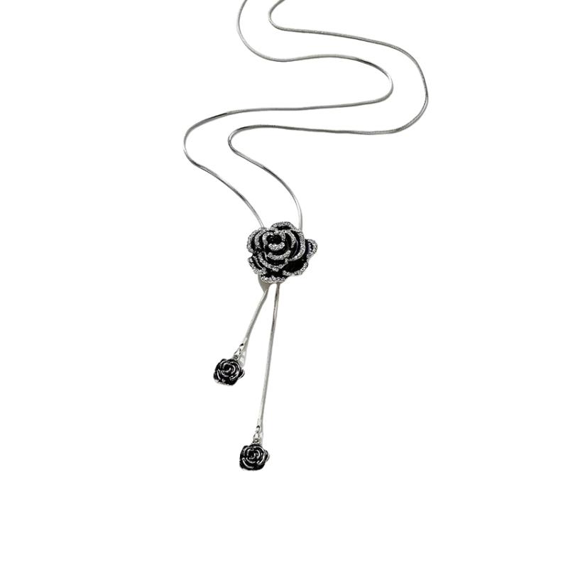 Fashion Black Rose Flower Long Necklace Sweater Chain Metal Crystal Pendant Necklaces Adjusted