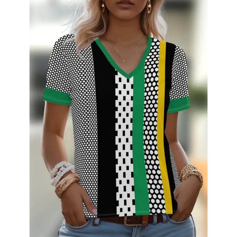 vintage women leopard print t shirt stripe short sleeve v neck tops comfortable t-shirts