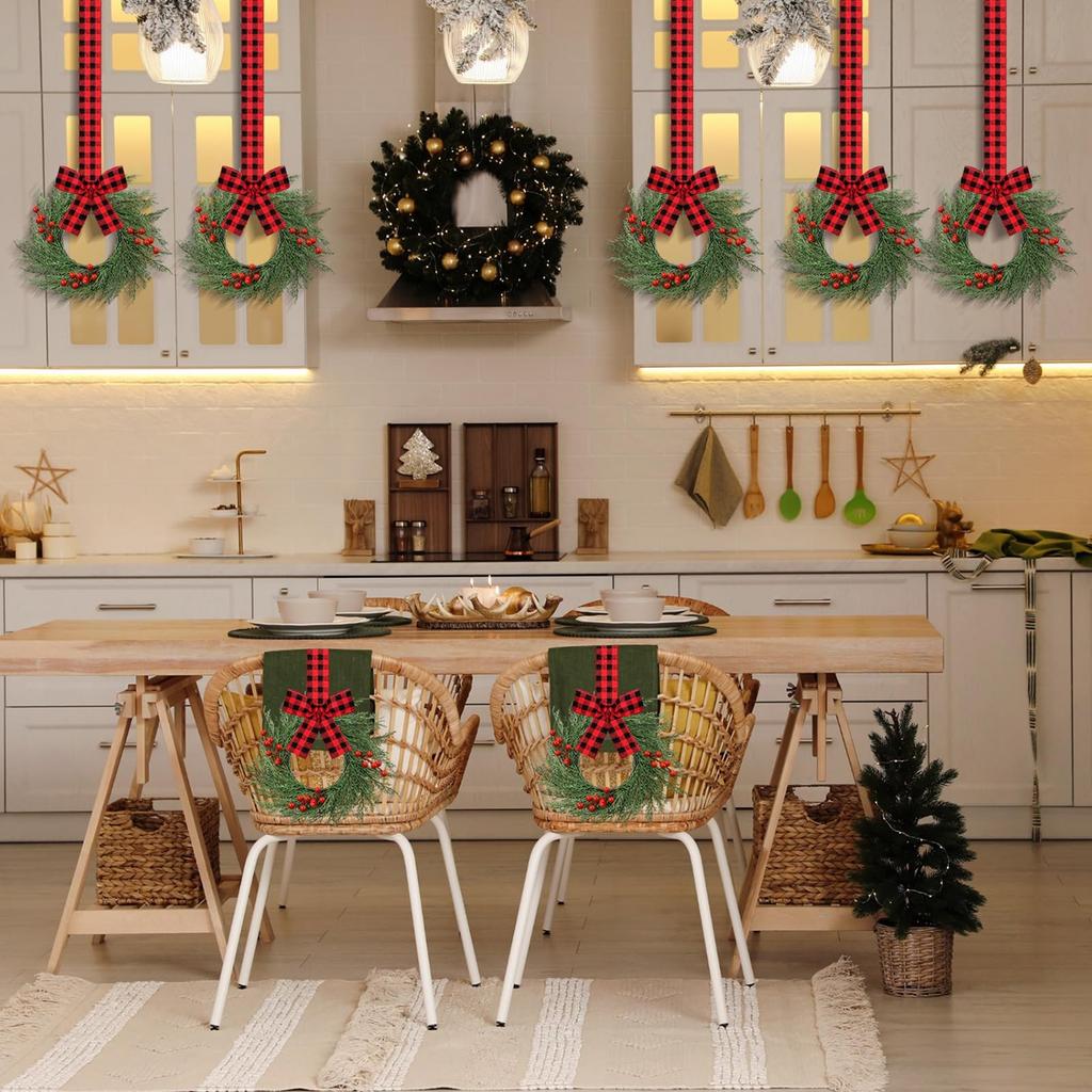 Christmas Kitchen Cabinet Wreaths With Plaid Bow Ribbon Hanging Cabinet Doors Wreaths Decorative For Kitchen Window Outdoor Indoor Holiday Decor