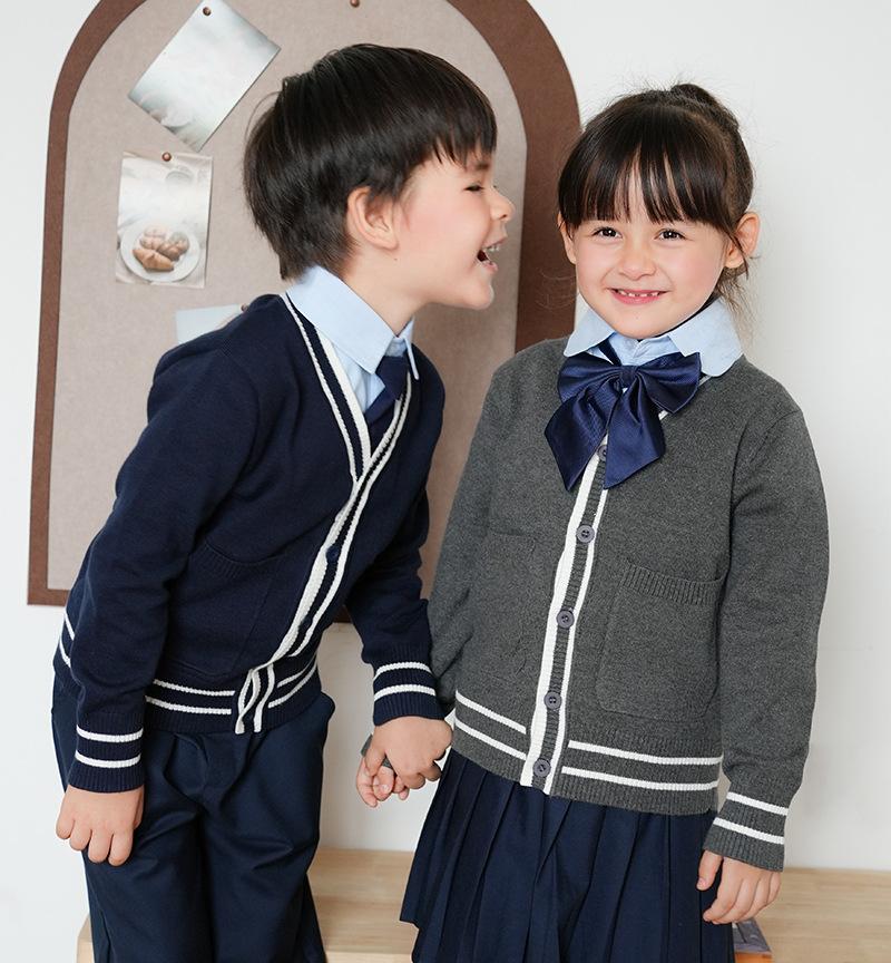 Parent-child Outfit Contrast Color Pockets Medium and Large Children's Knitted Cardigan College School Uniform Girls Sweater Jacket