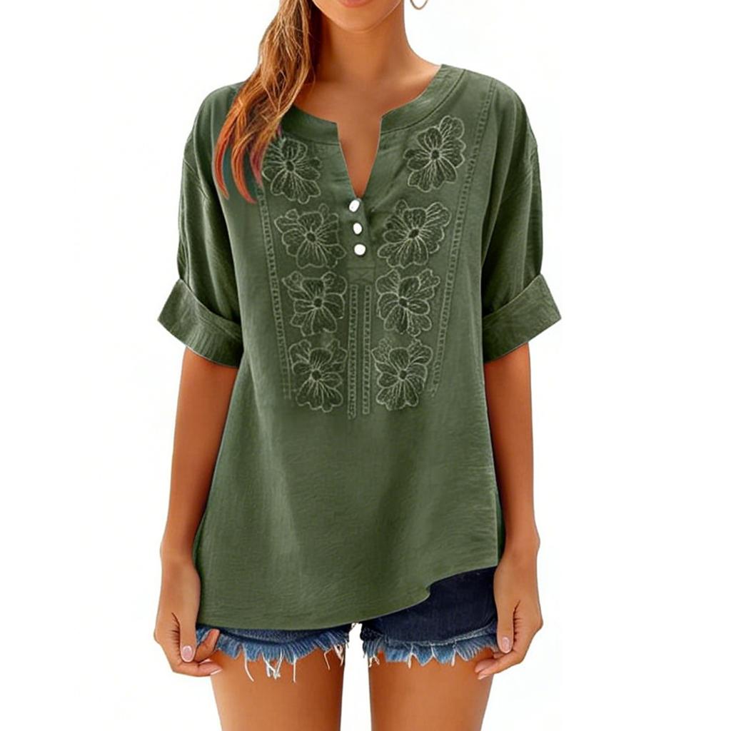Women’s Casual Loose Fit Blouse with Floral Embroidery Three Quarter Sleeve Button Front V Neck Tunic Top