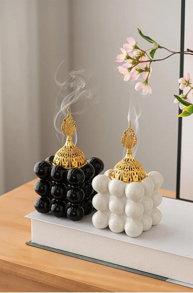 Golden Ceramic Cube Incense Burner Middle Eastern Arabian Festival Handheld Home Decor