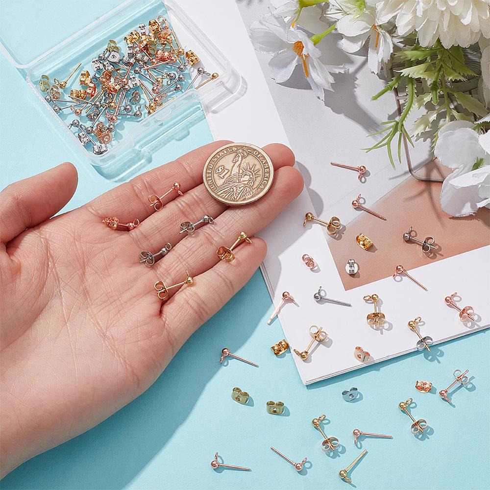 60Pcs 3 Color 304 Stainless Steel Ball Stud Earring Post with Loop with 60Pcs 3 Color 304 Stainless Steel Ear Nuts Mixed Color