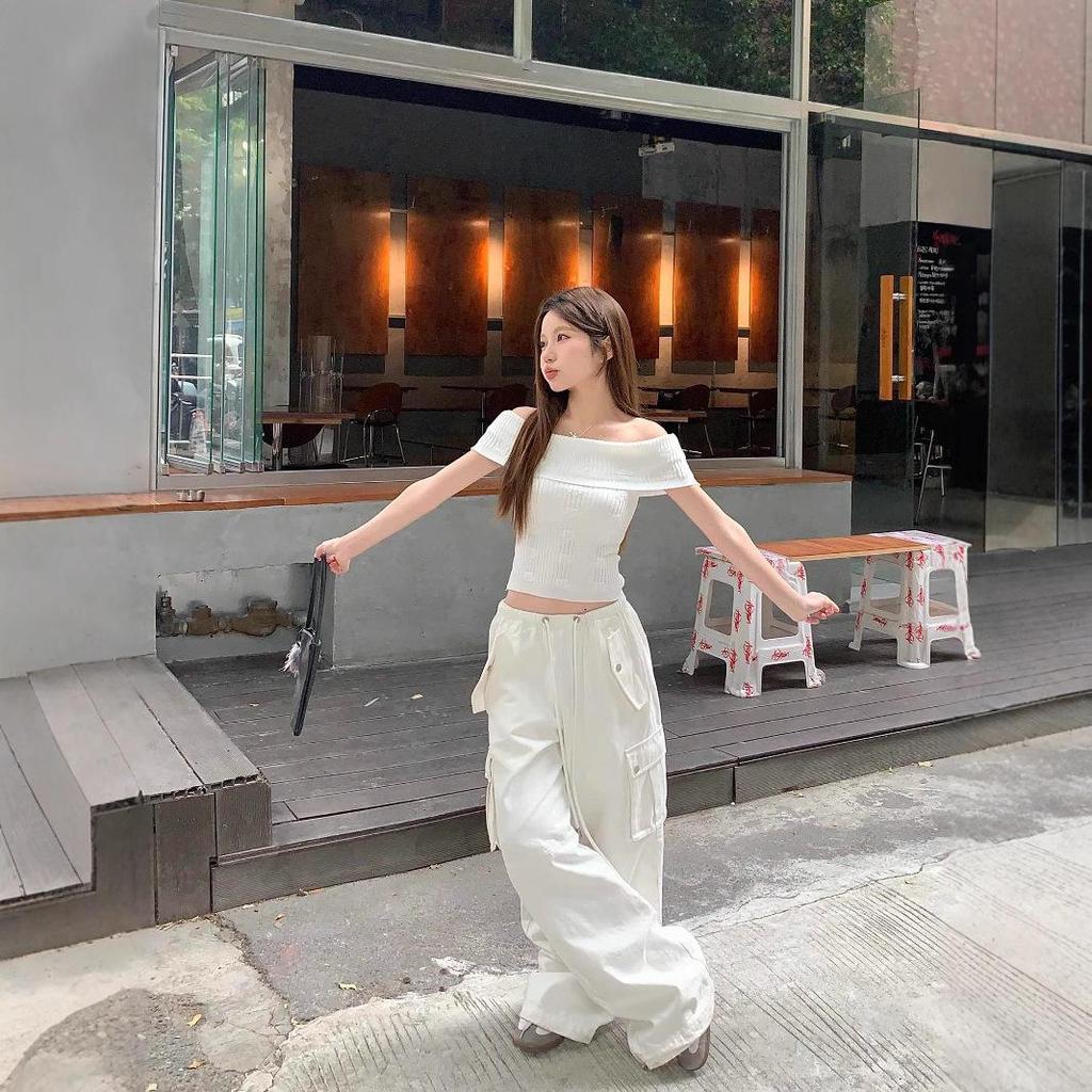 White French One-Shoulder Stretch Knit Summer Top - Women's Sweet Style Slim Fit Short Sleeve