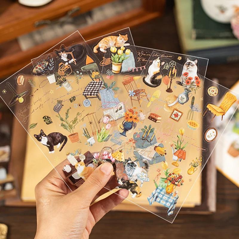 Cute Aesthetic Flower Cat Stickers For Scrapbooking INS Style Planner Decor DIY Junk Journaling Craft Supplies