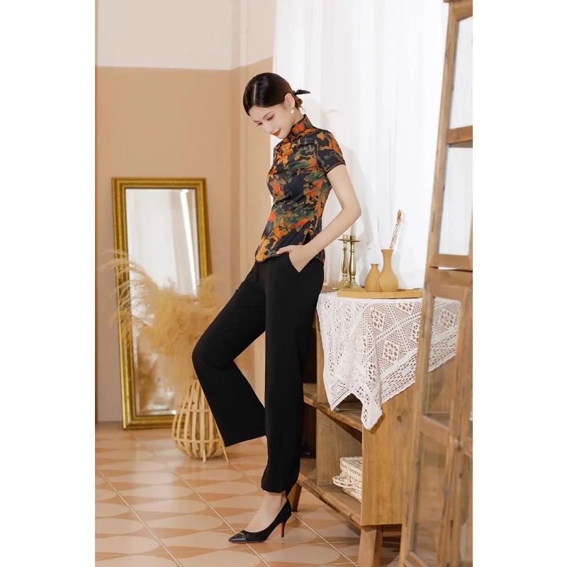 Blusa Elegante de Satén para Mujer Estampado de Flores Camisa Cheongsam Estilo Chino Tradicional Ropa Tang Disfraz de Verano Otoño