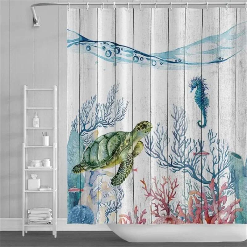 Underwater World Bathroom Shower Curtain Sea Turtle Dolphin Ocean Creature Landscape Bath Curtains Children Cloth Bathroom Decor