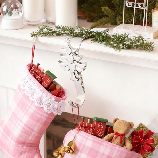 Mantel Christmas Stocking Hook Metal Stocking Holder on Fireplace Snowflake Reindeer Tree Santa Mantel Hook for Hanging Holiday Decorations Garlands