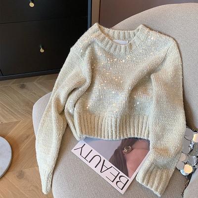 White Heavy Industry Sequined Crew Neck Pullover Sweater Women's Autumn and Winter Design Sense Gentle Versatile Short Knitted Sweater