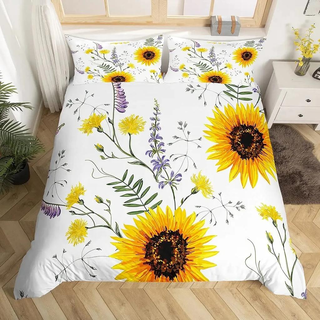 Sunflower Duvet Cover Set,Romantic Flowers On Old Fashioned Letters Postcards Newspapers,girls Sunflower Vintage Bedding Sets