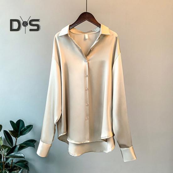 Damen-Hemd mit Revers, langärmelig, einreihig, Oberteile, einfarbig, glatter Satin, lockere Passform, vielseitiges Hemd