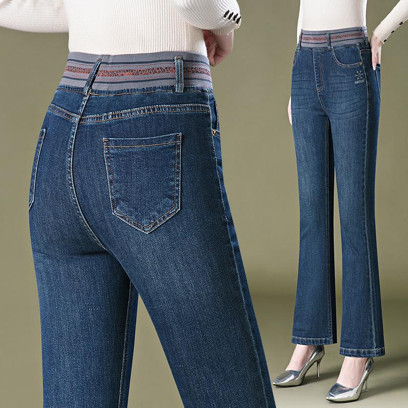 1096 Micro-flare Jeans: Women's Autumn High-waisted Slimming Trousers for Middle-aged and Elderly Mothers