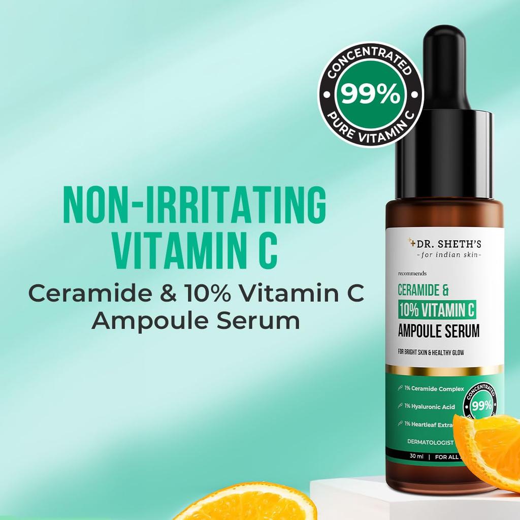 Dr. Sheth's Non-Irritating Ceramide & 10% Vitamin C Serum 30 ml | Brightens Skin & Reduces Dark Spots