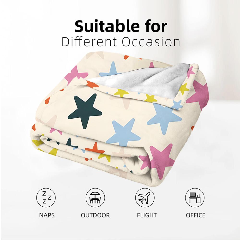 Vintage Multicolor Star Grid Cartoon Anime Print Flannel Blanket Soft Warm Throw for Kids Bedroom Sofa Christmas Office Car