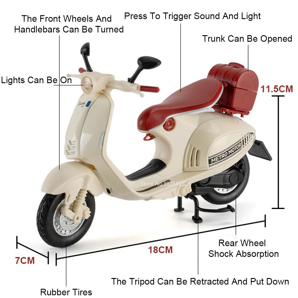 1:12 Tricycle 946 Retro Motorcycle Model Toy Car Sound Light Shock Absorption Express Delivery Vehicle Models Collection Gifts