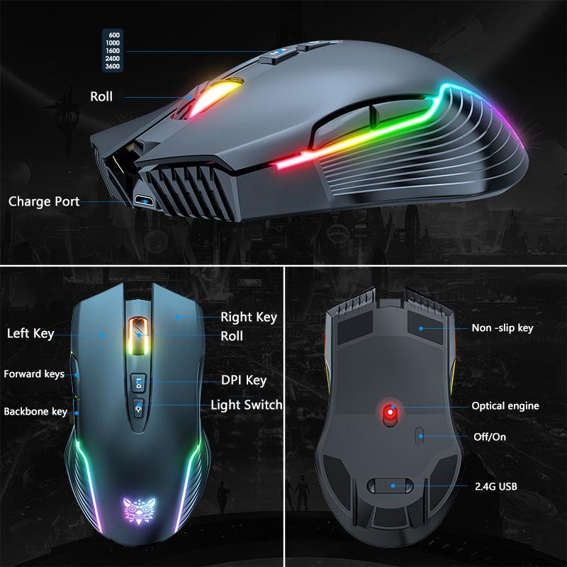 ONIKUMA Wireless 2.4G USB Game Mouse RGB Golwing 3000 DPI Gaming Mice Large Capacity Battery Mouse For Game Office Comfortable Hand-Feeling