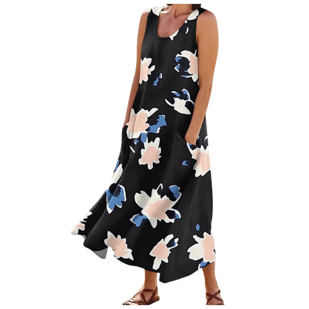 Damenmode Sommer Lässig Ärmellos Floral Bedruckt Kleine Tasche Kleider