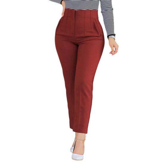 

Women Pants High Waist Slim Fit Casual Trousers with Pockets Pure Color Hip-Hugging Tight Legs Long Pants Daily Wear L вина червоного кольору