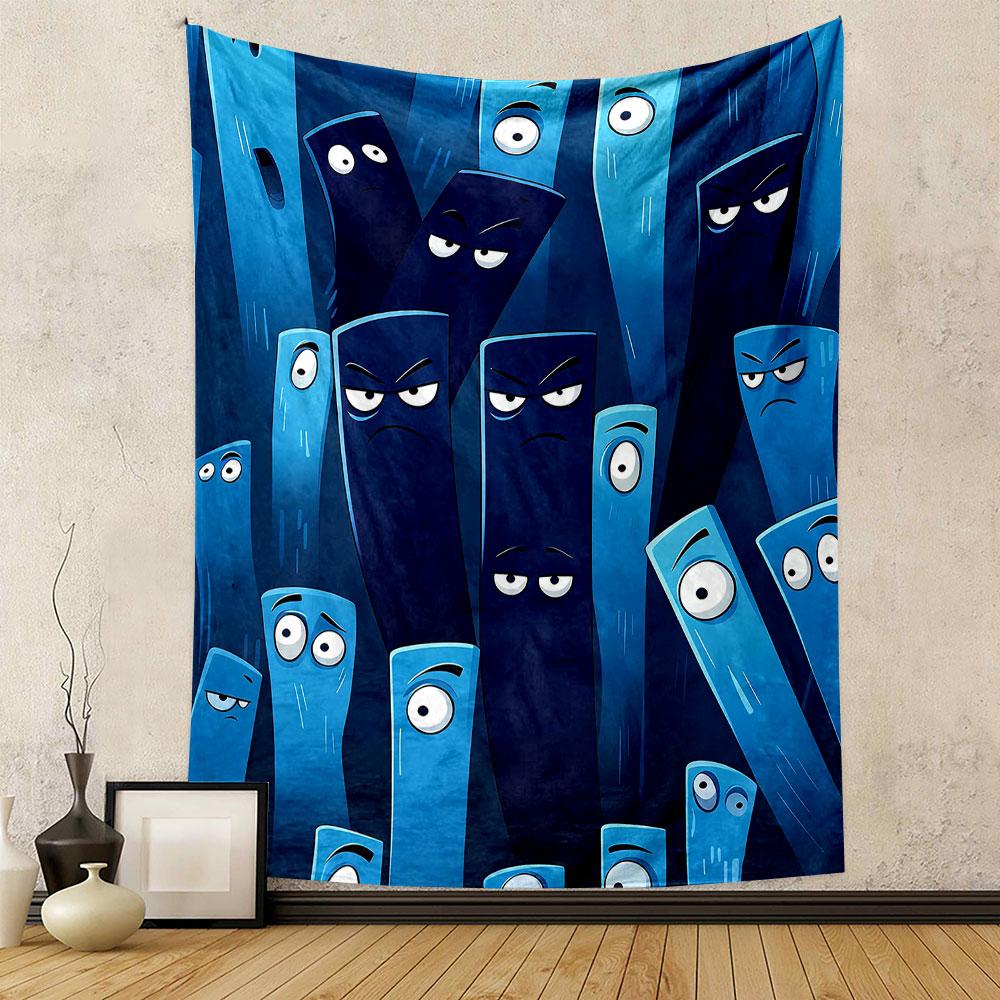 "Blue Cartoon Faces with Expressions Design" Patterned Tapestry Home Decor, Suitable for Bedroom and Living Room, Gift