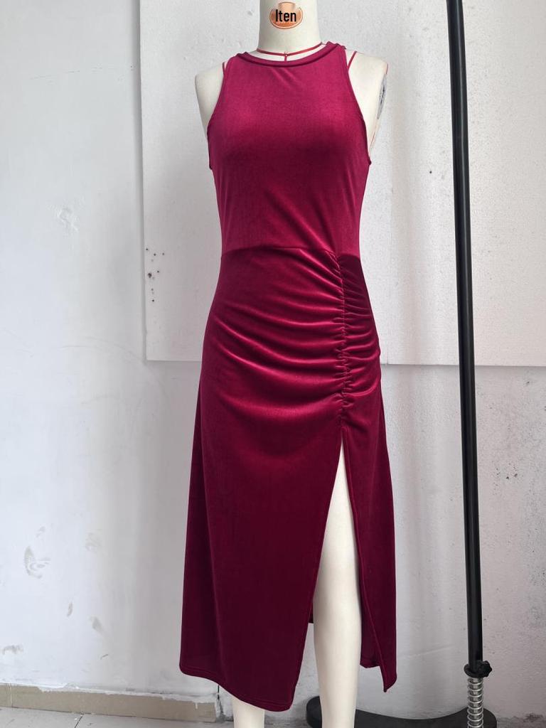 2026 Women's Solid Color Velvet High Slit Bodycon Dress - European and American Summer Fashion