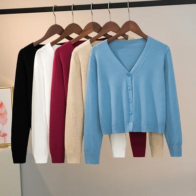 Spring and Autumn New Long Sleeve V-neck Knitted Cardigan Jackets Women Fashion Solid Casual Short Cardigans Tops Women Thin Loose Knit Sweater 25480