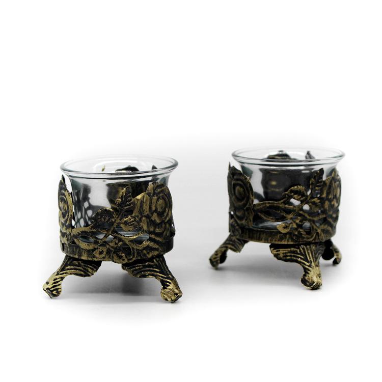 Dinner Atmosphere Decoration Iron Tealight Candle Cup Vintage Glass Old Carved Hollow Candlestick