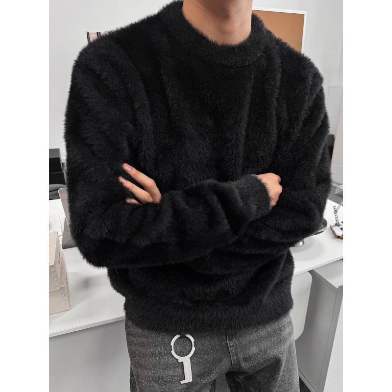 Męski sweter z sztucznego futra norek: Miękki Puszysty Dzianina, Okrągły Dekolt, Długi Rękaw, Swobodny Luźny Krój na Jesień/Zimę