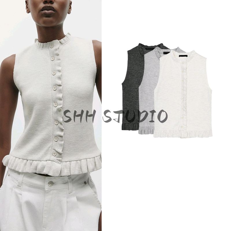 Women's Spring Clothing French Style Design Single-Breasted Laminated Decoration Soft round Neck Sleeveless Tops 5584314