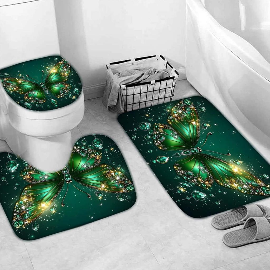 1/4 szt. Luksusowy Zielony Motyl Wodoodporny Zestaw Zasłon Prysznicowych Dekoracyjny Zestaw Łazienkowy Antypoślizgowy Dywanik Pokrowiec na Toaletę Mata do Kąpieli i 12 Haczyków