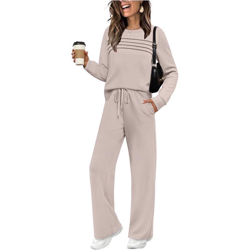 2025 New Women's Autumn/Winter Set: Long Sleeve Round Neck Top & Elastic Waist Wide Leg Trousers