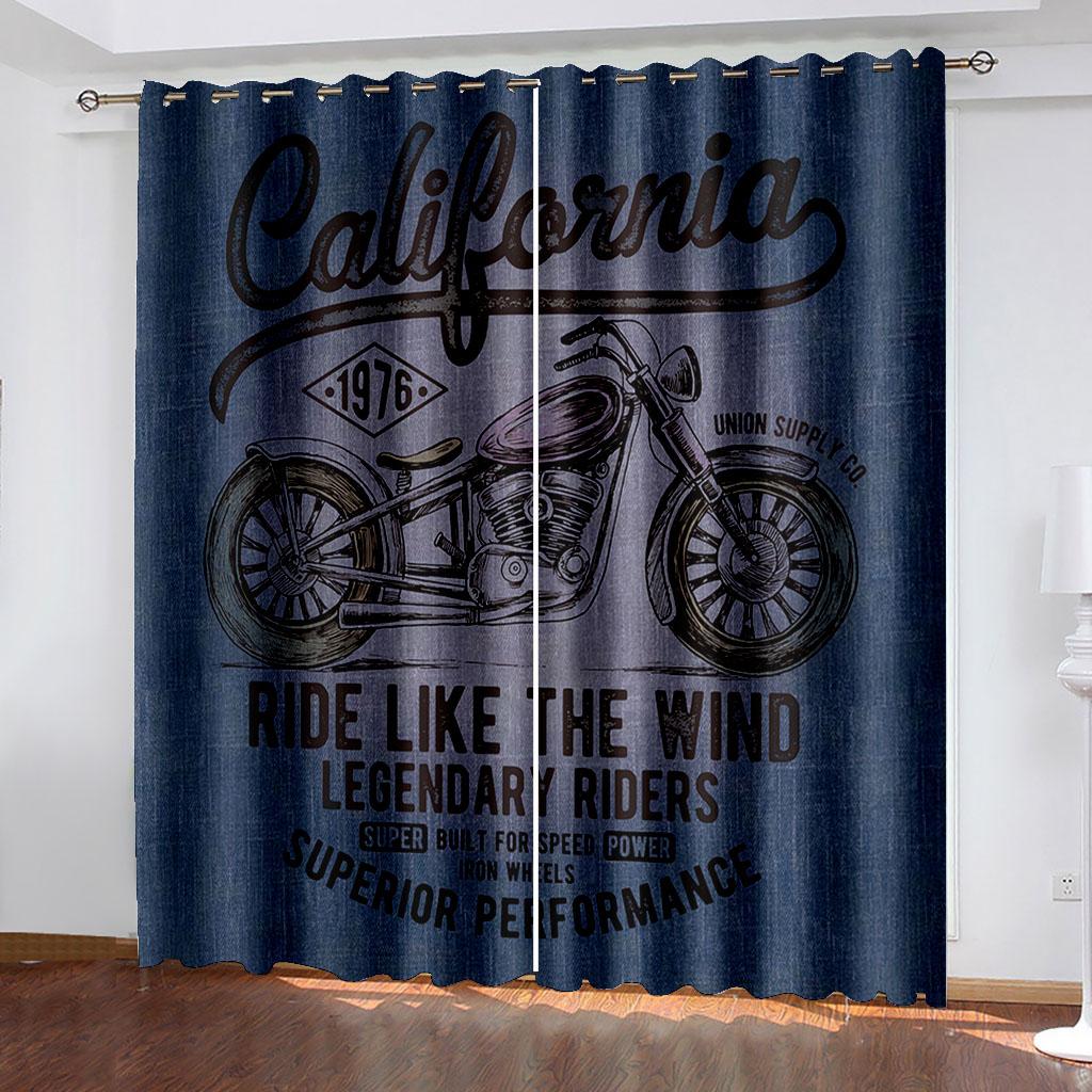 Motorcycle Illustration Printing Curtains Two Independent Curtains On The Left and Right Side Blackout Curtains for Bedrooms