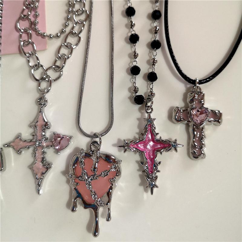 Collier Ras-du-cou Pendentif Croix Rose Cœur Gothique Pour Femmes Egirl Hip Hop Chaîne Corde Punk Y2K Breloques Bijoux Esthétiques Accessoires