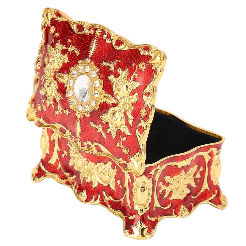 Gold Red Jewelry Box Metal Enamel Treasure Chest Box Jewelry Boxes Trinket Box Home Dresser Decor