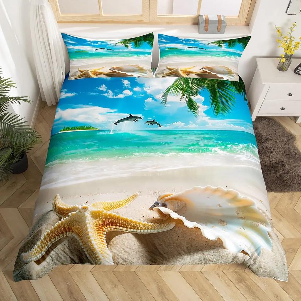 Ocean Duvet Cover Summer Beach Decor Hawaiian Vacation Style Bedding Set Tropical Nature Sea Theme Palm Trees Comforter Covers