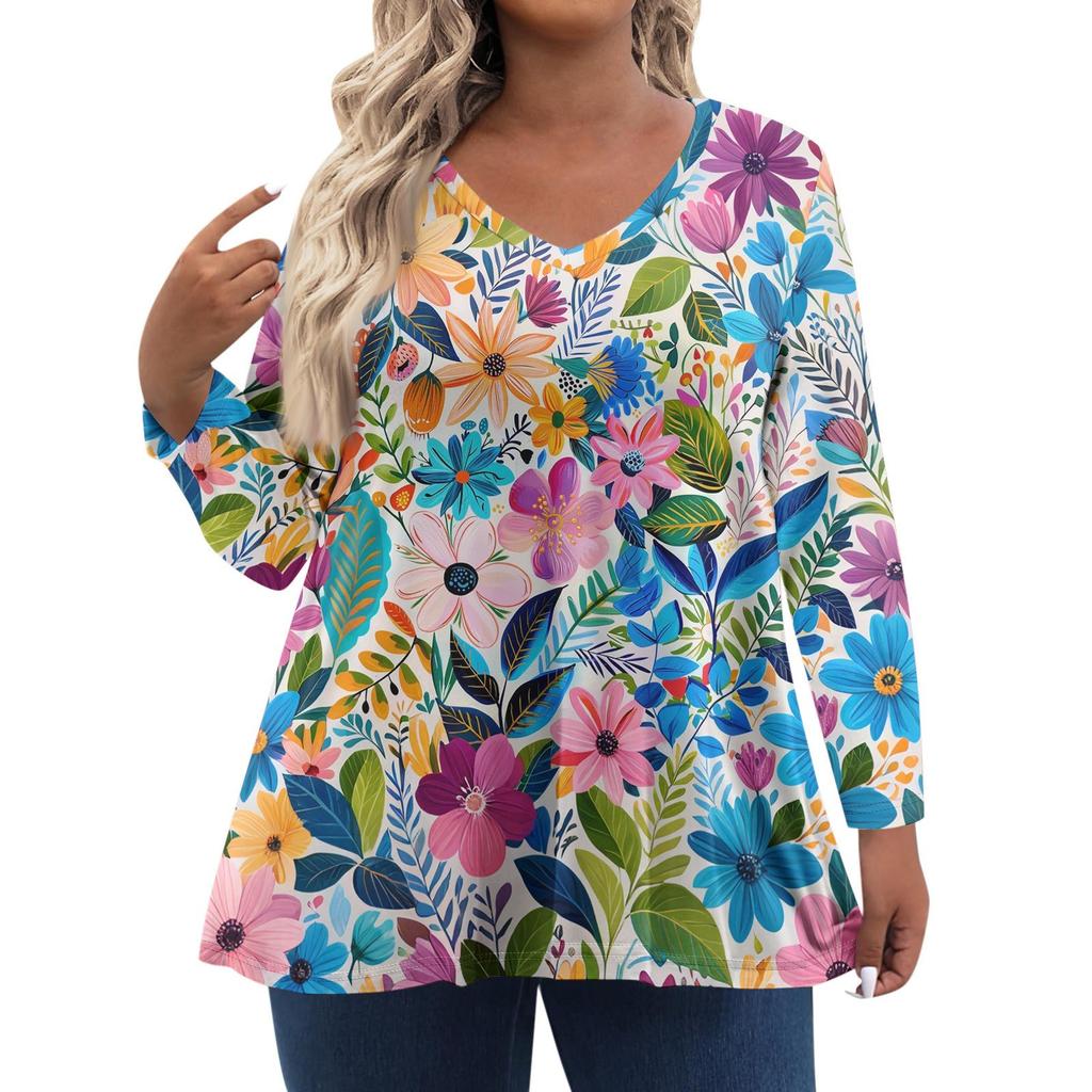 Modisches lässiges Langarm-Oberteil für Damen in Übergröße mit Blumenprint Übergröße Blumenprint-Oberteil