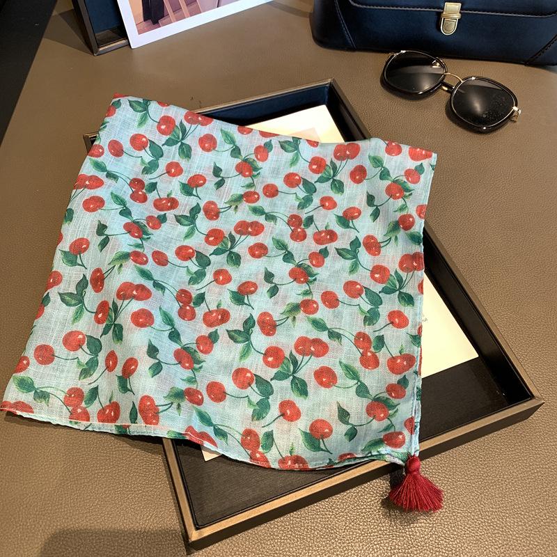 Retro literary and artistic striped floral silk scarf female photo atmosphere square scarf thin neck protection scarf decorative small scarf